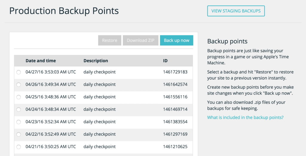 WP Engine Backup Points