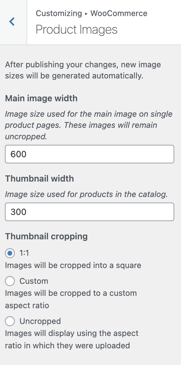 Screenshot of WooCommerce image dimensions