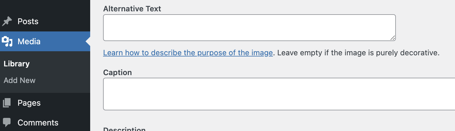 Screenshot of WordPress image alt tag